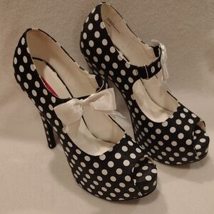 Bordello Black Heels with White Polka Dots and Bow